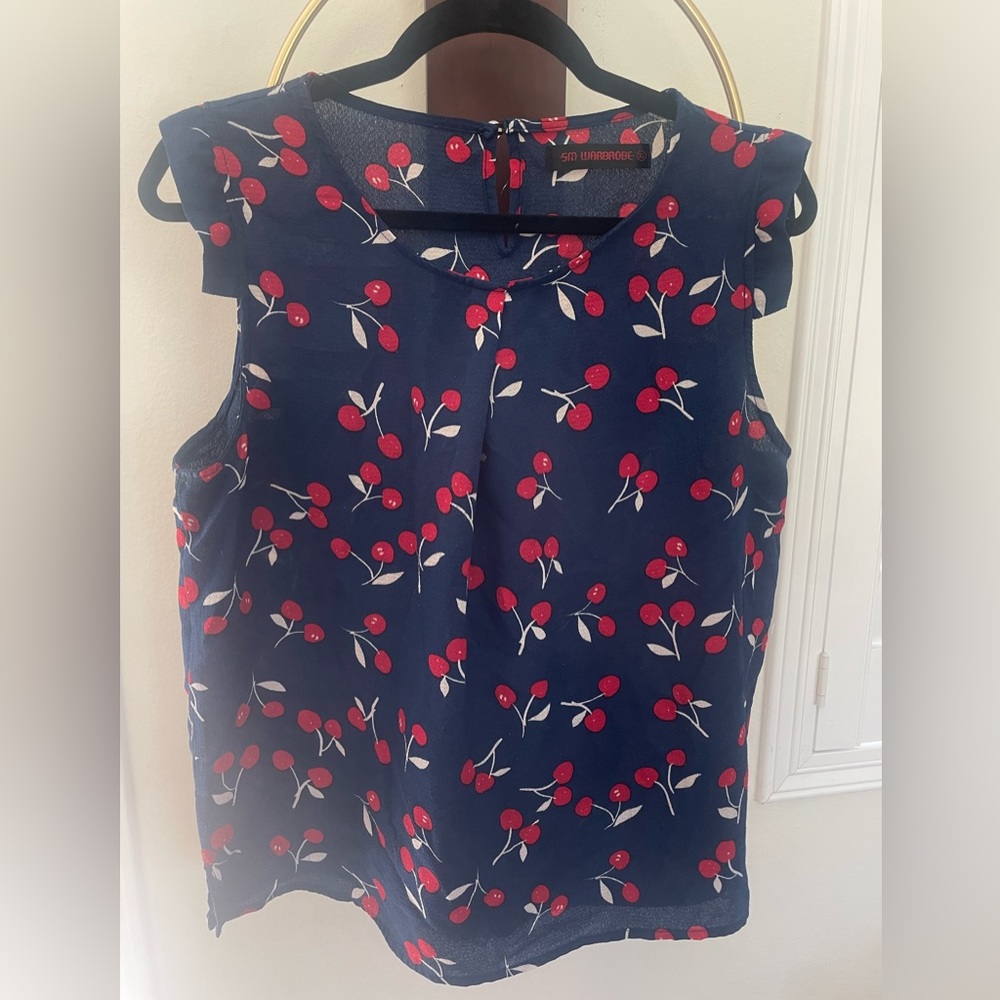 Navy Cherry Print Sleeveless Top